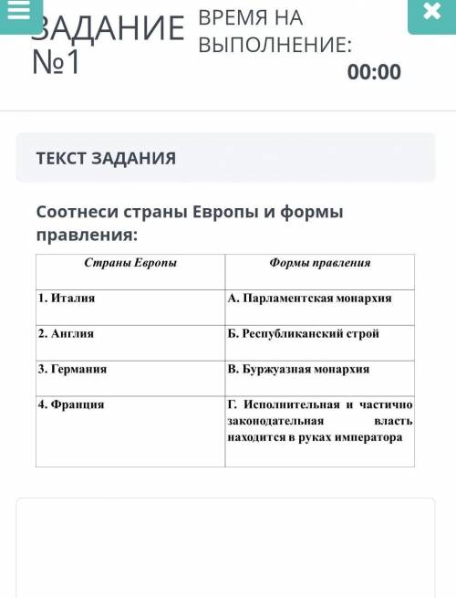 ВРЕМЯ НА ЗАДАНИЕ No1 Соотнеси страны Европы и формы правления: Страны Европы Формы правления 1. Итал