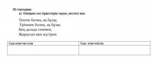 Өленен сөз тыркестерін тауып,кестеге жаз. тентек болма ак бузау, еріншек болма ак бузау, кең далада