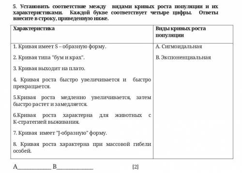 Установить соответствие между видами кривых роста популяции и их характеристиками. Каждой букве соот