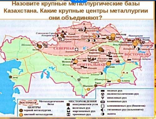 Используя карту Металлургия Казахстана, ответьте на вопросы. 1) Назовите крупные центры чёрной мет