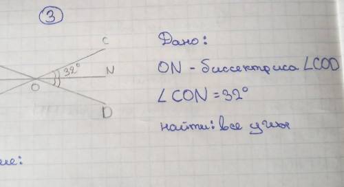 дано:ОN- бессектриса угла CODугол CON= 32°найти: все углы