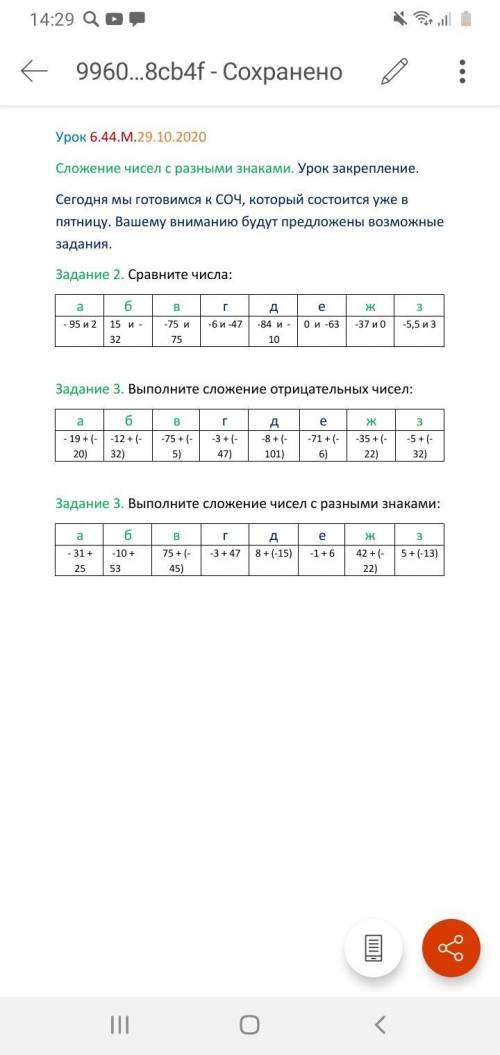 Сравните числа: А)- 95 и 2 Б)15 и - 32 В)-75 и 75 Г)-6 и -47 Д)-84 и -10 Е)0 и -63 Ж)-37 и 0 З)-5,5