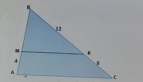 В треугольнике ABC проведена мк | АС. ВК=12, KC=8, AM=4. Найдите ВМ и АВ. Верных ответов: 2AB= 20BM=