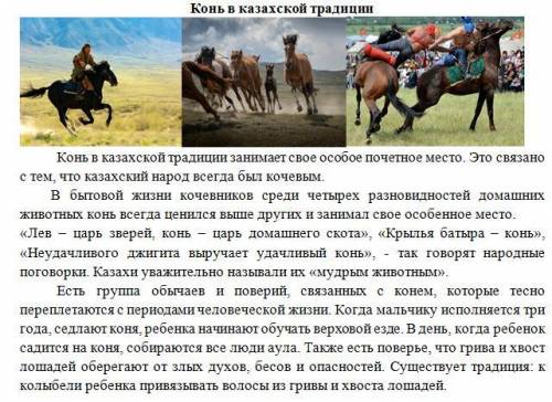 О чём этот текст? Почему именно конь занимал особое место в жизни казахов? Как отношение к коню отра