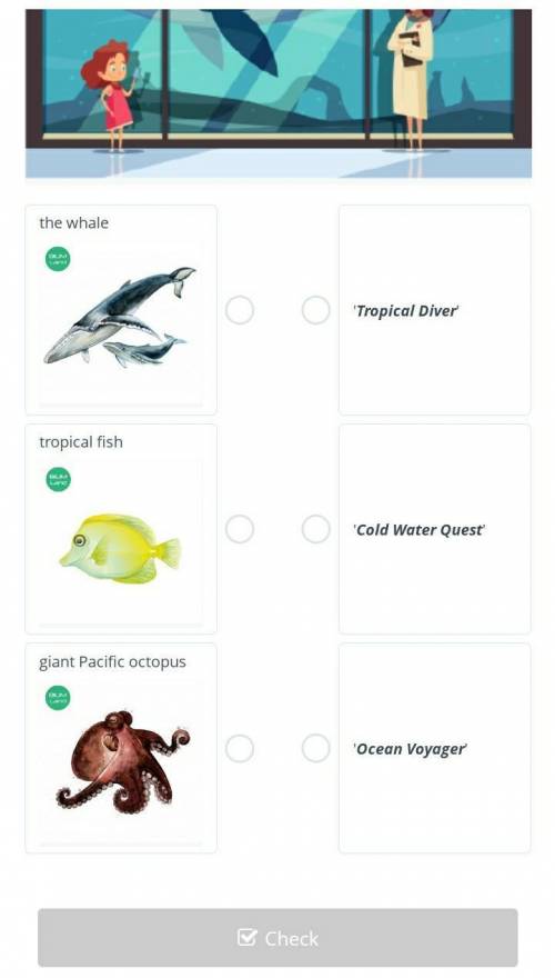 Listen to an online guide in a city aquarium and match the animal to their sections. The audio:￼the