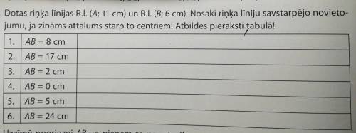 1.153. Dotas riņķa līnijas R.I. (A; 11 cm) un R.I. (B; 6 cm). Nosaki riņķa līniju savstarpējo noviet