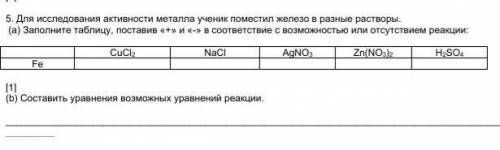 5. Для исследования активности металла ученик поместил железо в разные растворы. (а) Заполните табл