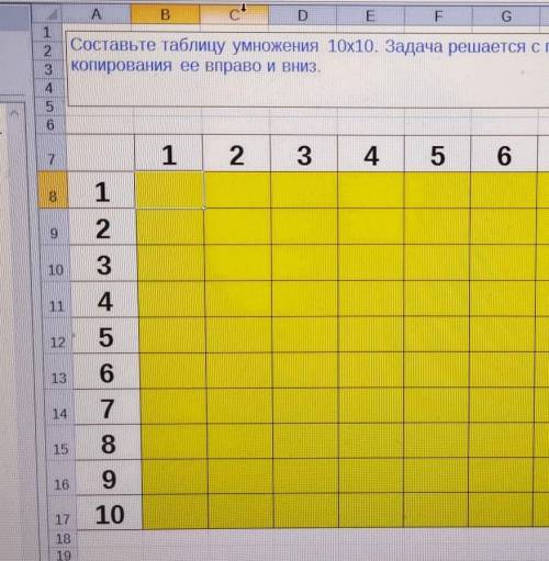 нужно составить таблицу умножения 10×10, в excel. Нужно решить задачу вводом одной формулы в B8 и ко