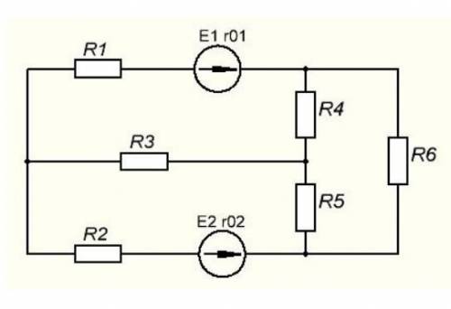 Данные для 17890: Дано: Е1=20 В, Е2=35В R1=35 Om, R2=52 Om, R3=24 Om, R4=41 Om R5=16 Om, R6=61 Om r0