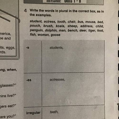 Revision: Units 1 - 6 4 Write the words in plural in the correct box, as in the examples. student, a