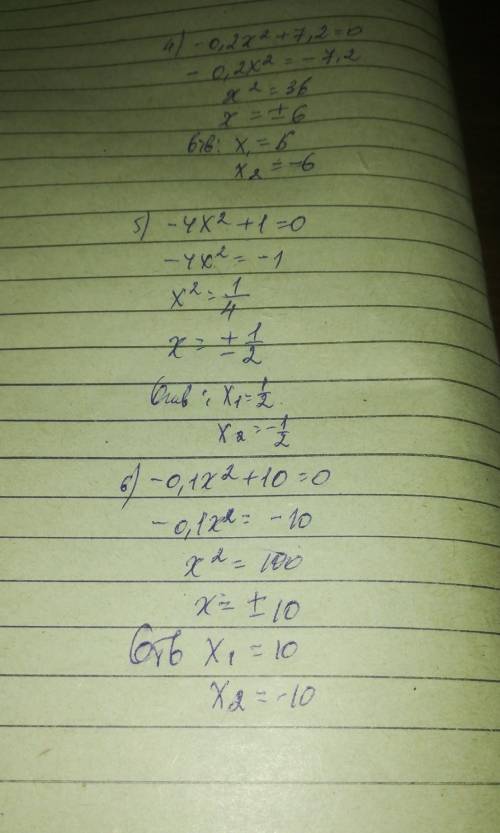 Найдите корни неполного квадратного уравнения 1) х2 - 25 = 0 2) -7х2 + 28 = 0 3) -0,8х2 - 9,2 = 0 4)