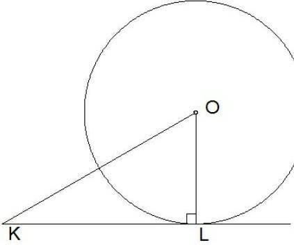 ∢ OKL = 30°.   Отрезок касательнойLK = 5,73–√ см. Найди длину окружностиC= π см. (Если необходимо, о