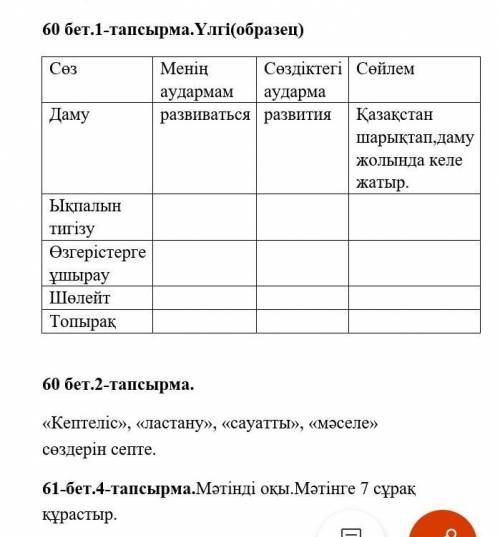 60 бет.1-тапсырма.Үлгі(образец)Сөз Менің аудармам Сөздіктегі аударма СөйлемДаму развиваться развития