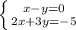 \left \{ {{x-y=0} \atop {2x+3y=-5}} \right.