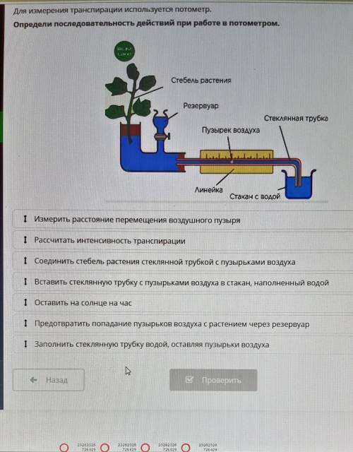 для измерения транспирации Используйте потометр. Определи последовательность действий при работе в п