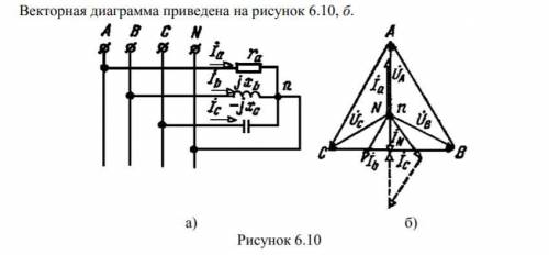 К зажимам четырехпроводной сети с фазным напряжением 127В подключен несимметричный приемник (рисунок