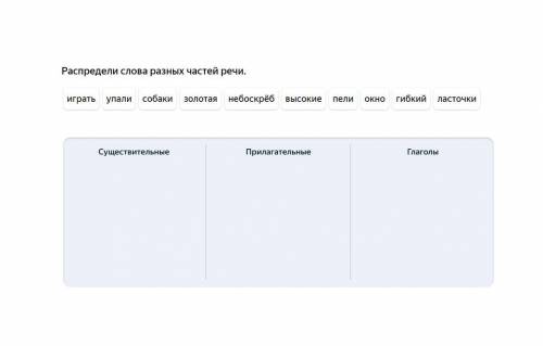 Распредели слова разных частей речи.