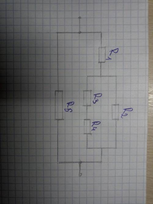 РЕШИТЕ ПО ФИЗИКЕ ЭЛЕКТРОННУЮ ЦЕПЬ Дано:R1=R2= 6 ОмR3=R5 = 2 ОмR4 = 1 ОмU AB = 50 ВНайти:R общ -?I об