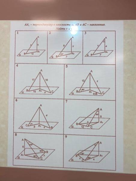 решить задания с 5 по АА1 перпендикуляр к плоскости а (альфа), АВ и АС–наклонные. Найти х и у.