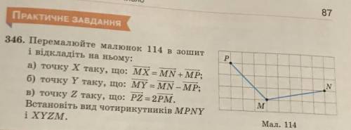 Перемалюйте малюнок 114 в зошит і відкладіть на ньому: а) точку X таку, що: MX = MN+MP; б) точку Y т