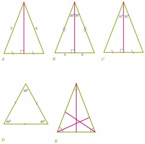 Даны рисунки пяти треугольников, на которых дана некоторая информация об углах и отрезках. На которы