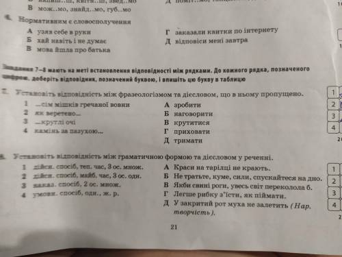 Установіть відповідність між граматичною формою та дієсловом у реченні.(ФОТО)Номер 8