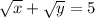 \\ \sqrt{x} +\sqrt{y} = 5\\