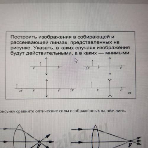 Построить изображения в собирающей и рассеивающей линзах, представленных на рисунке. Указать в каких