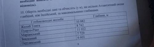 Оберіть необхідні дані та обчисліть (у,м) на скільки Атлантичний океан глибший ніж Індійський, за ма