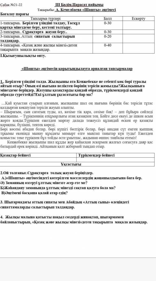   1.. Берілген үзіндіні талда. Жылқышы ата Кенжебекке не себепті көк бөрі туралы айтып отыр? Оның өз