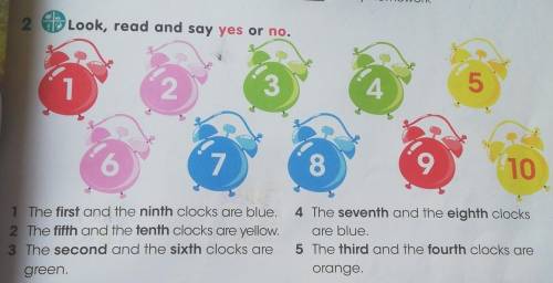 2. Look, read and say yes or no. 1) The first and the ninth clocks are blue.2)The fifth and the tent