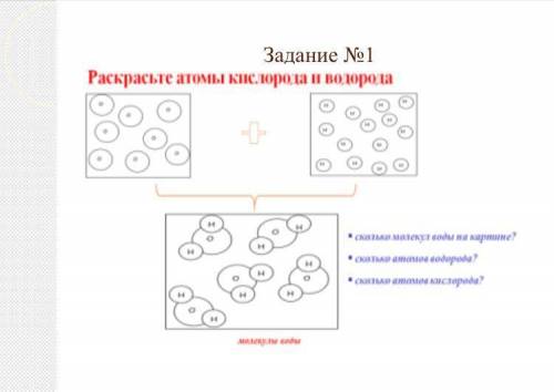 В первом задании надо в тетрадь перерисовать отдельно атомы кислорода их, можно 5 кружочков и закрас