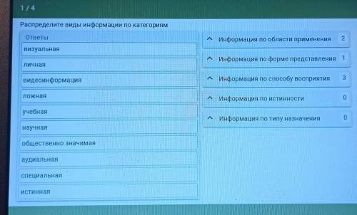 Распределите виды информации по категориям
