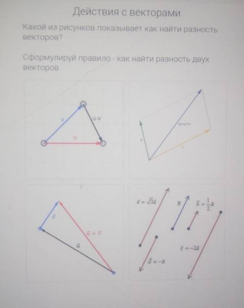 Какой из рисунков показывает как найти разность векторов? ​