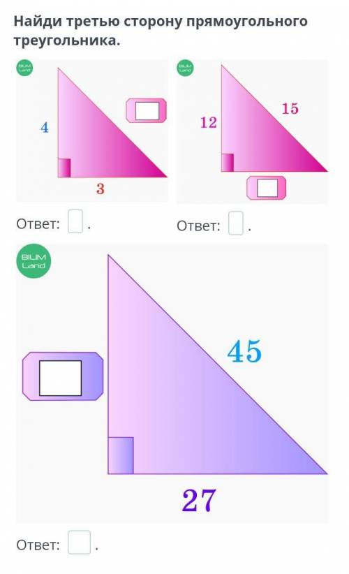 Найди третью сторону прямоугольного треугольника.​