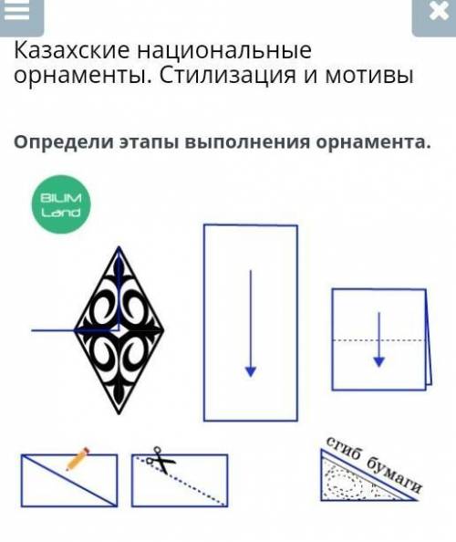 Определи этапы выполнения орнамента. ￼Нарисуй ¼ часть орнамента.Сложи бумагу вчетверо, как показано