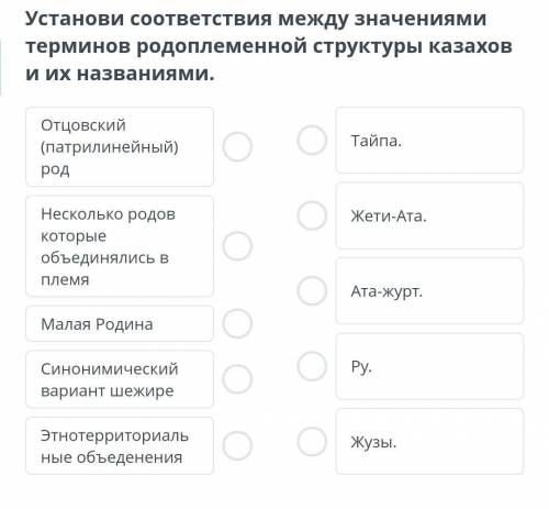 Установи соответствия между значениями терминов родоплеменной структуры казахов и их названиями. ​