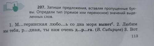 207. Запиши предложения, вставляя пропущенные буквы. Определи тип (прямое или переносное) значений в