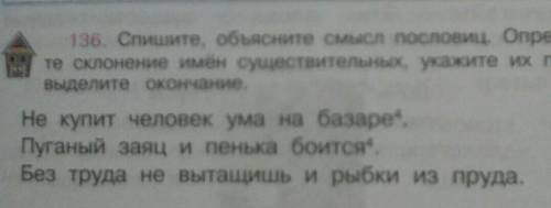 Спишите, обьясните смысл пословиц. определите склонение имён существительных, укажите их падеж, выде