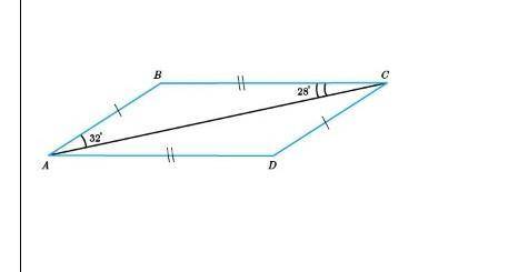 Дан четырёхугольник ABCD, у которого AB = DC, BC = AD, ∠BAC = 32°, ∠BCA = 28°. Чему равна градусная