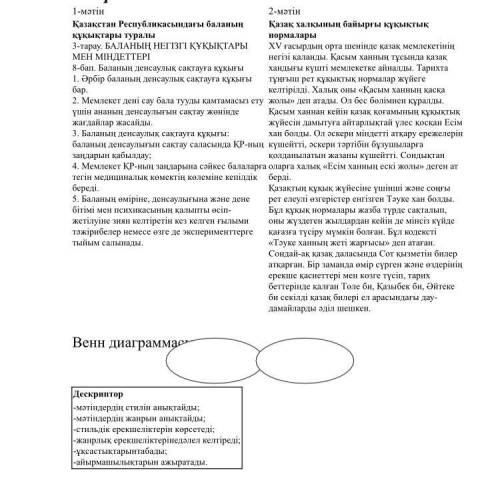 1. Мәтіндерді оқыңыз. Стилін, жанрын, ерекшеліктерін анықтап, «Венн диаграммасына» түсіріңіз. Ұқсаст