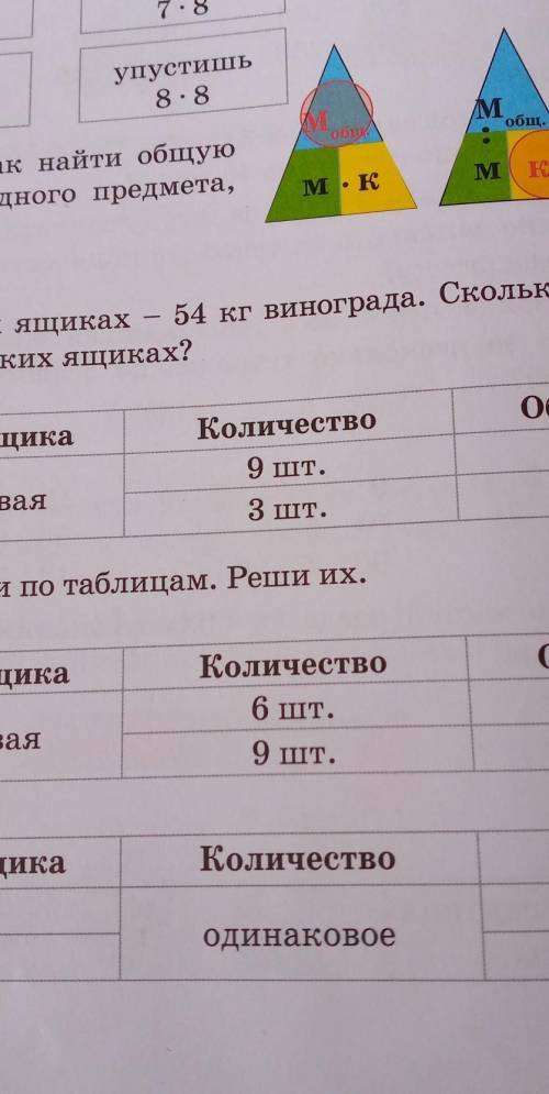 4. Составь задачи по таблицам. Реши их. a)Масса 1 ящикаКоличество6 шт.одинаковая9 шт.Общая масса48 к