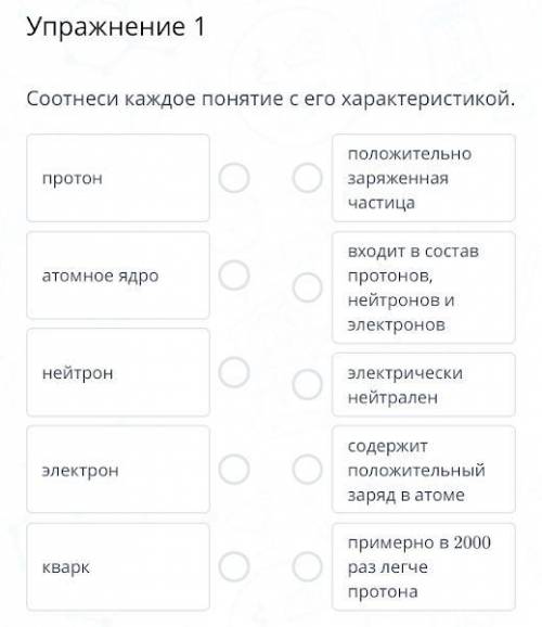 Химия. Соотнесите каждое понятие с его характеристикой. Тема Состав и строение атома. Второе задание