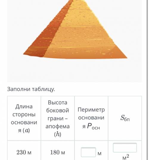 Пирамида Хеопса имеет форму правильной четырехугольной пирамиды, ее размеры представлены в таблице.