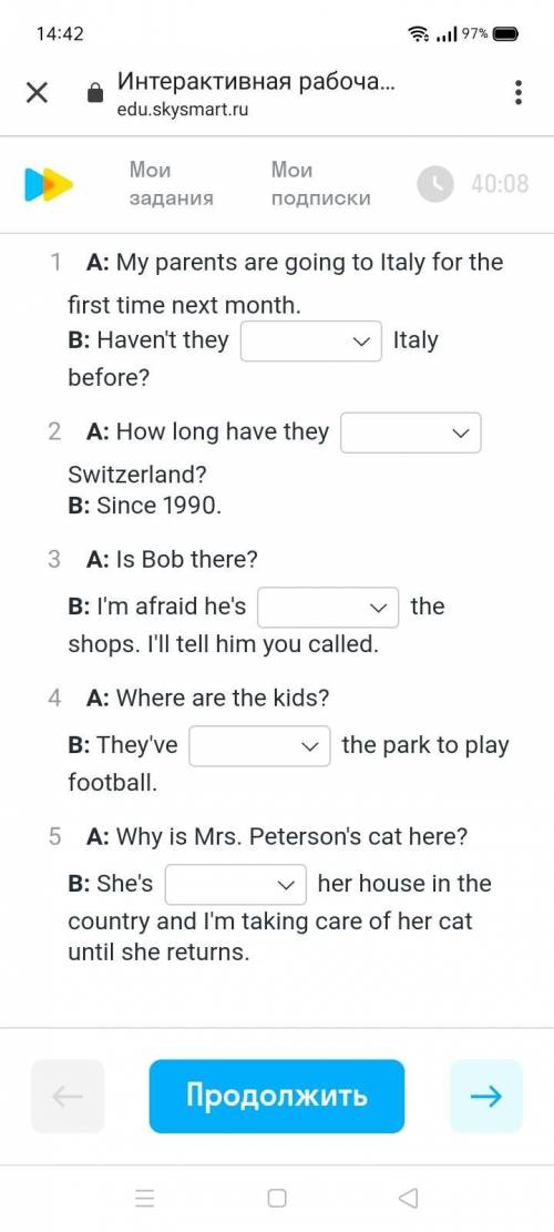 1.a.been to b. gone to 2.a.been to b.been in 3.a.been in b.gone to 4.a.gone to b.been to 5.a.gone to