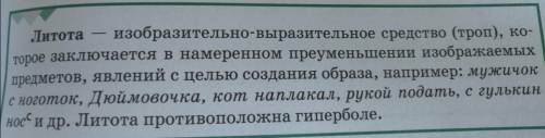 Познакомься с новыми терминами: литота (стр. 63) и аббревиатура (стр. 66). Запиши предложения, укажи