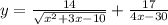 y = \frac{14}{\sqrt{x^2+3x-10}} + \frac{17}{4x-30}