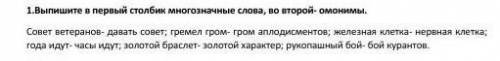 Выпишите в первый столбик многозначные слова, во второй- омонимы.​