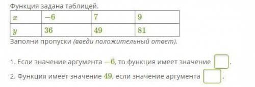 1. Если значение аргумента −6, то функция имеет значение . 2. Функция имеет значение 49, если значен