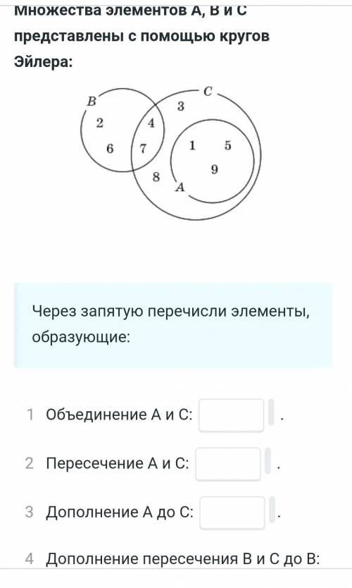 Множества элементов A B C представлены с кругов Эйлера